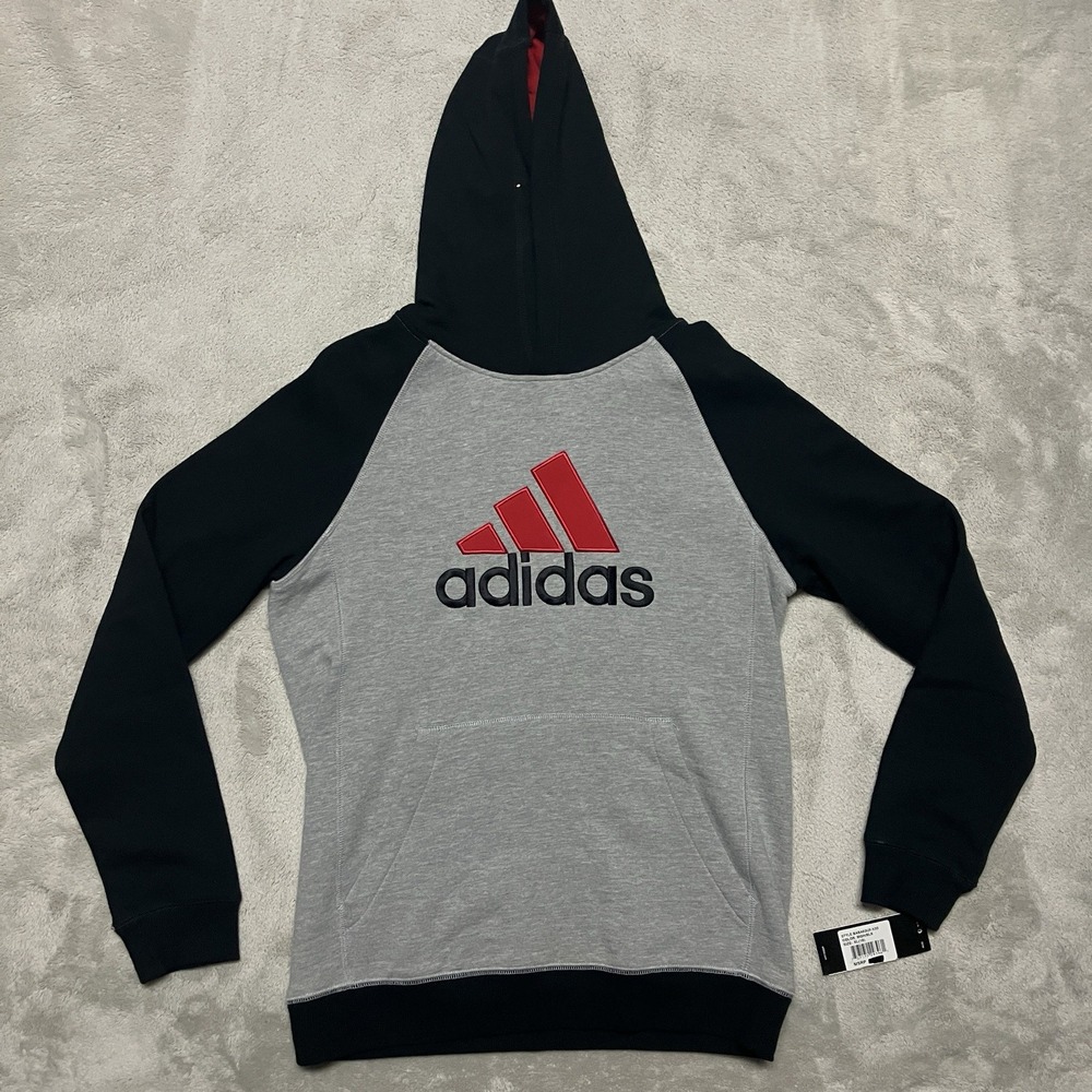 New Adidas Hoodie Womens XL (18) Gray Black Pullover Fleece Sweatshirt Stretch